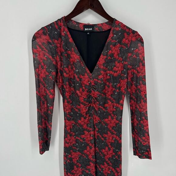 Just Cavalli Midi Dress Ruche Half Sleeve V Neck Mesh Y2K Red Black Size 40 2 - Picture 2 of 8